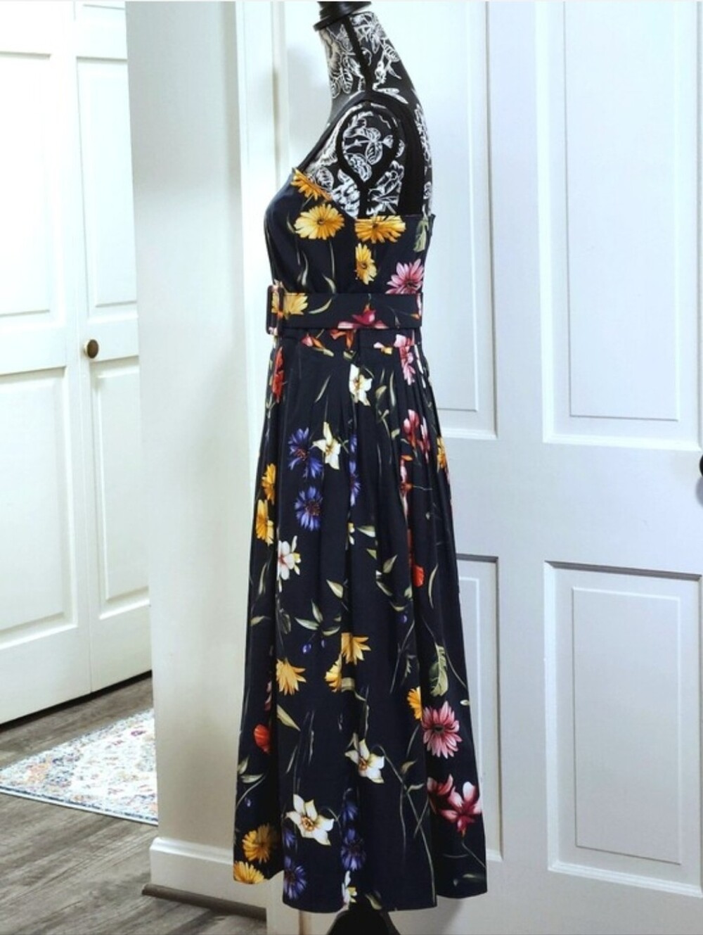 💐Oscar de la Renta💐 - Navy/Multi Floral Sleeveless A-Line Midi Dress - Picture 6 of 16